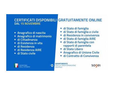 Certificati anagrafici, dal 15 novembre sono online e gratuiti